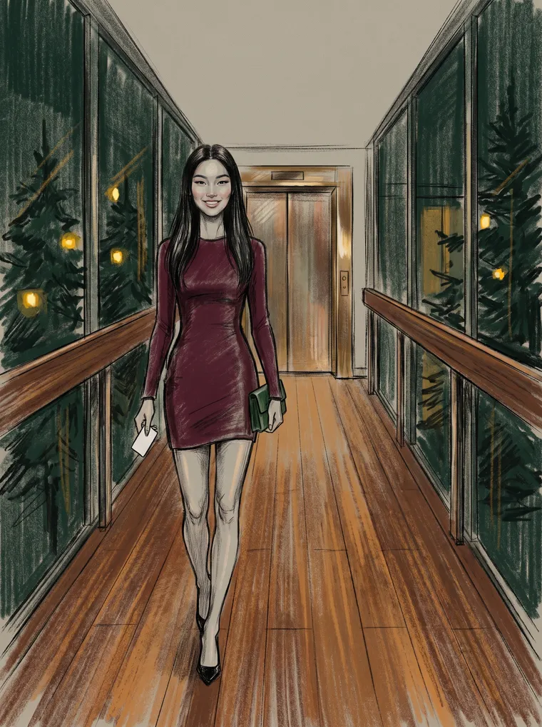Dessin généré de la même hôtesse qui marche dans une passerelle vitrée, la nuit, une carte-clé à la main, vers les portes d'un ascenseur.